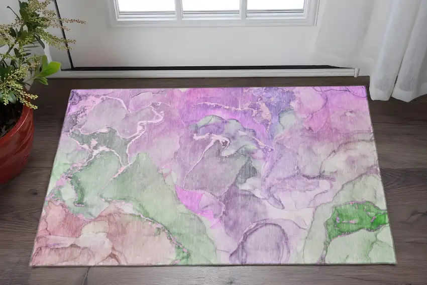 Purple And Green Abstract Washable Area Rug With UV Protection Photo 2