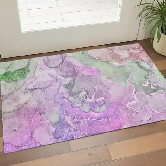 Purple And Green Abstract Washable Area Rug With UV Protection Photo 1
