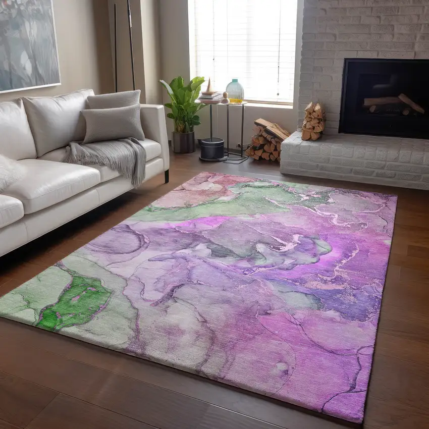 Purple And Green Abstract Washable Area Rug With UV Protection Photo 6