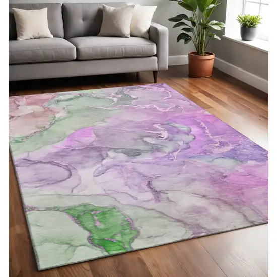 Purple And Green Abstract Washable Area Rug With UV Protection Photo 2