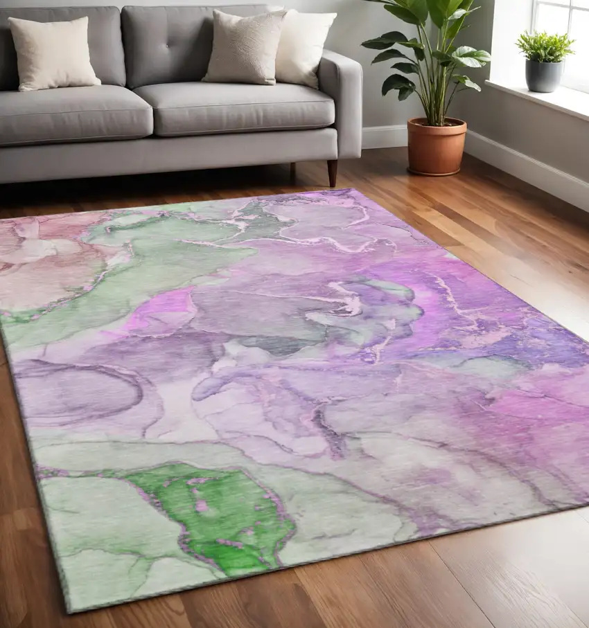Purple And Green Abstract Washable Area Rug With UV Protection Photo 2