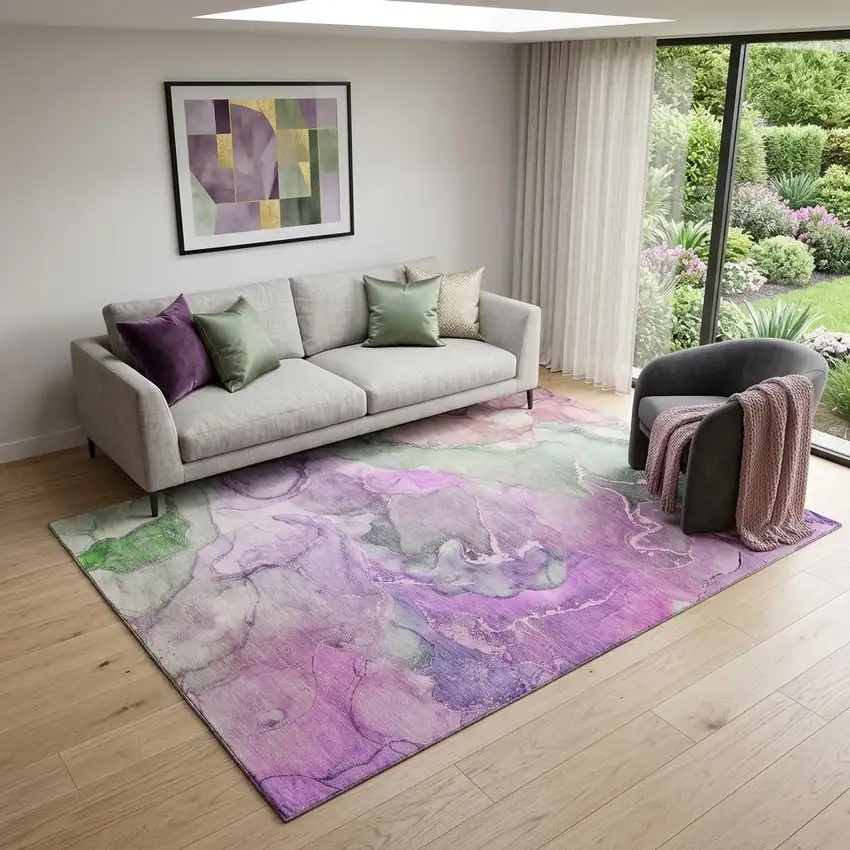 Purple And Green Abstract Washable Area Rug With UV Protection Photo 1