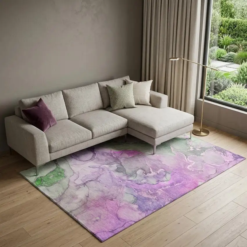 Purple And Green Abstract Washable Area Rug With UV Protection Photo 1