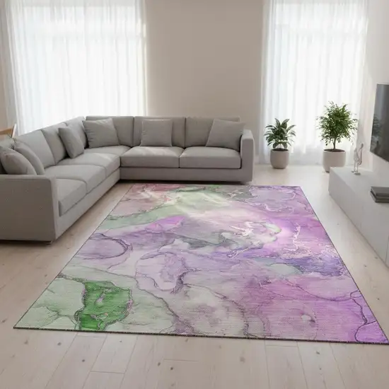 Purple And Green Abstract Washable Area Rug With UV Protection Photo 1