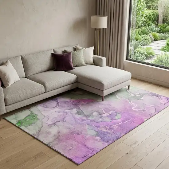 Purple And Green Abstract Washable Area Rug With UV Protection Photo 1