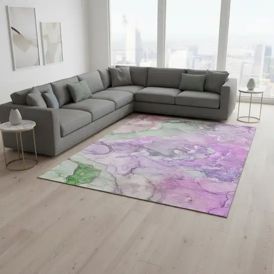 Purple And Green Abstract Washable Area Rug With UV Protection Photo 1