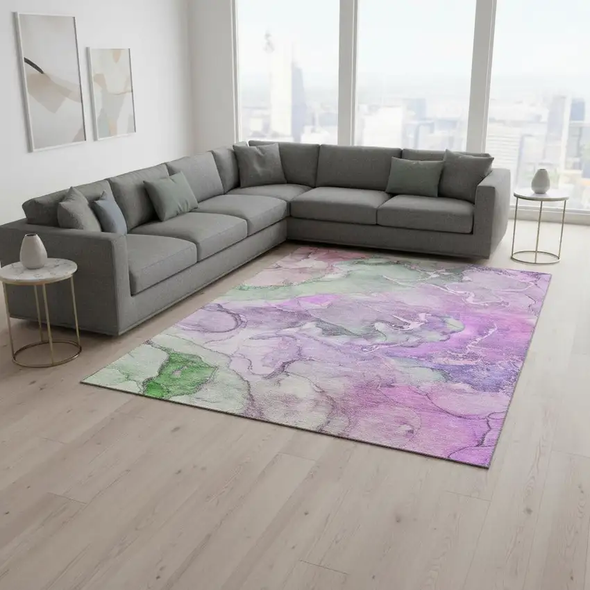 Purple And Green Abstract Washable Area Rug With UV Protection Photo 1