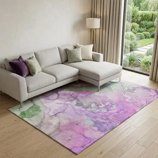 Purple And Green Abstract Washable Area Rug With UV Protection Photo 1