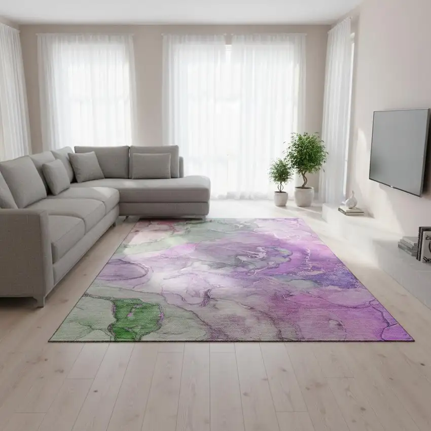 Purple And Green Abstract Washable Area Rug With UV Protection Photo 1