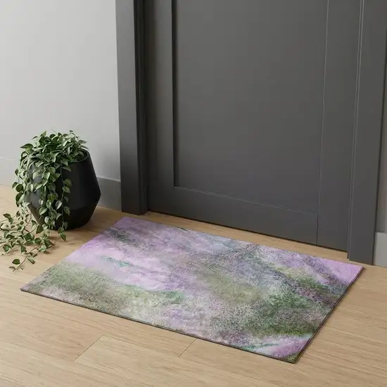 Purple And Green Abstract Washable Area Rug With UV Protection Photo 1