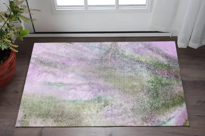 Purple And Green Abstract Washable Area Rug With UV Protection Photo 2