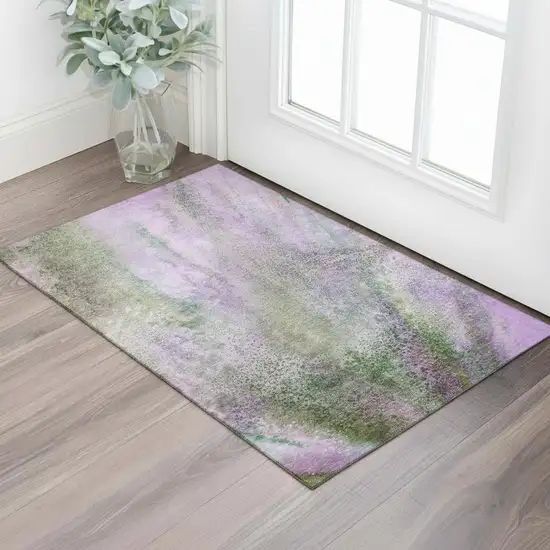 Purple And Green Abstract Washable Area Rug With UV Protection Photo 1