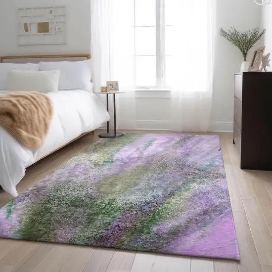 Purple And Green Abstract Washable Area Rug With UV Protection Photo 5