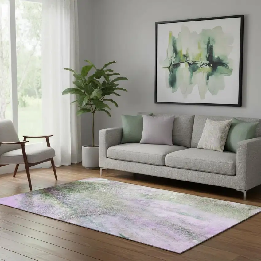 Purple And Green Abstract Washable Area Rug With UV Protection Photo 1