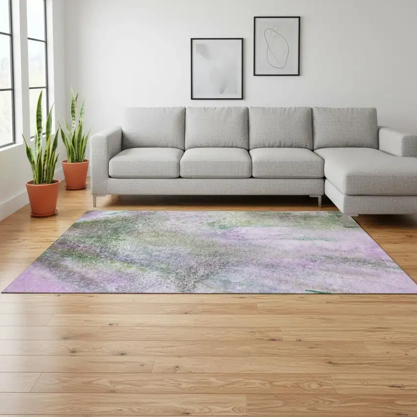 Purple And Green Abstract Washable Area Rug With UV Protection Photo 1