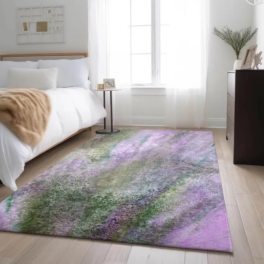 Purple And Green Abstract Washable Area Rug With UV Protection Photo 4