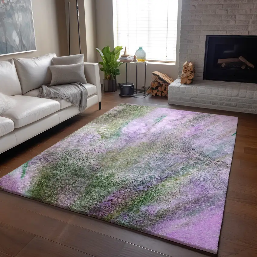 Purple And Green Abstract Washable Area Rug With UV Protection Photo 5