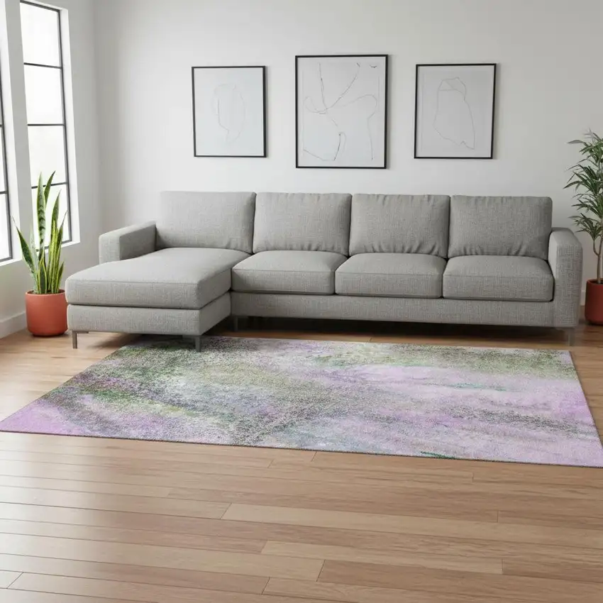 Purple And Green Abstract Washable Area Rug With UV Protection Photo 1