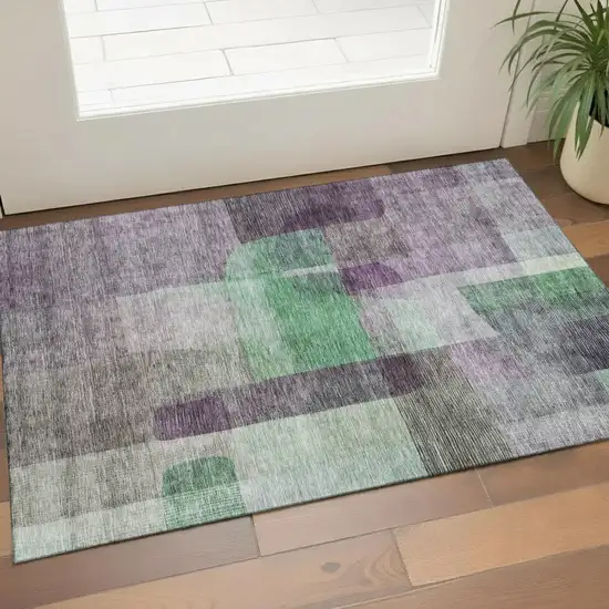 Purple And Green Abstract Washable Area Rug With UV Protection Photo 1