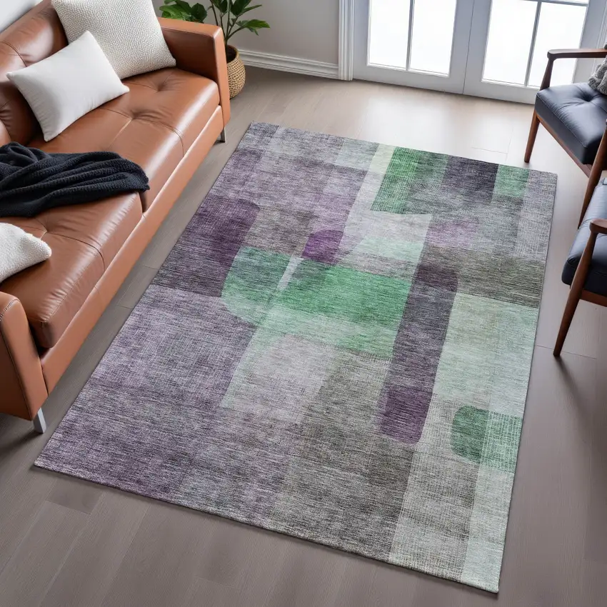 Purple And Green Abstract Washable Area Rug With UV Protection Photo 4