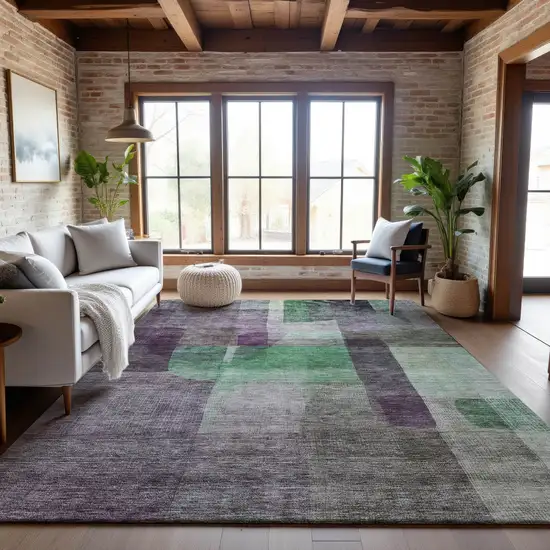Purple And Green Abstract Washable Area Rug With UV Protection Photo 3