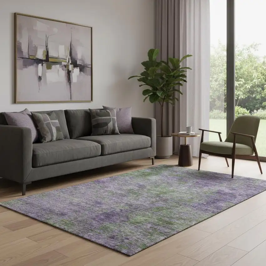 Purple And Green Abstract Washable Area Rug With UV Protection Photo 2