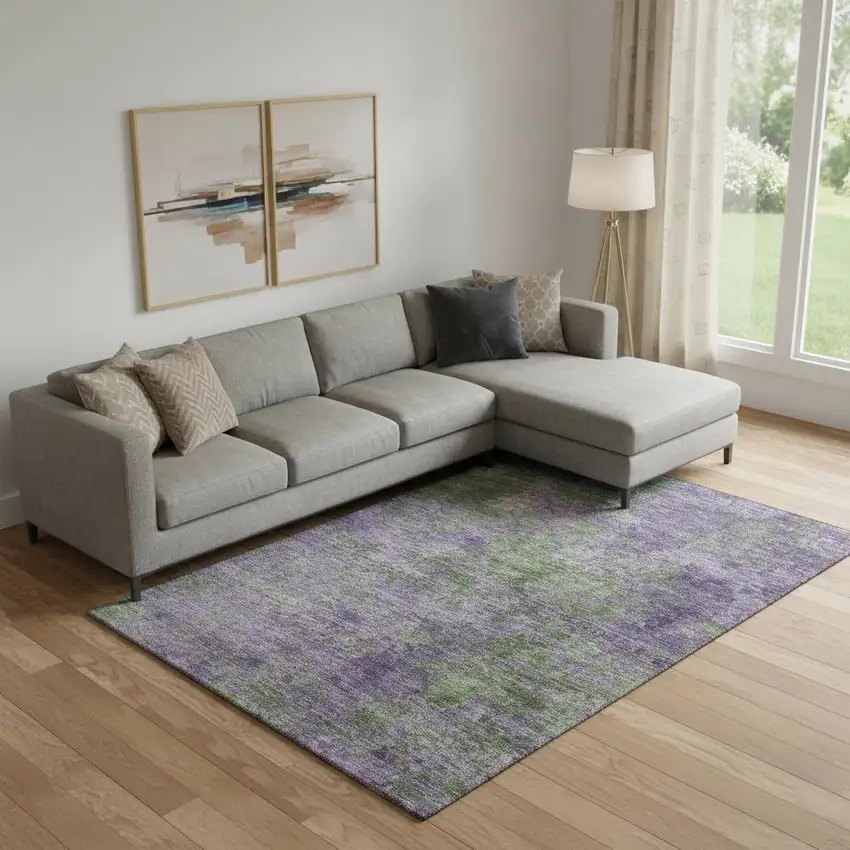 Purple And Green Abstract Washable Area Rug With UV Protection Photo 2