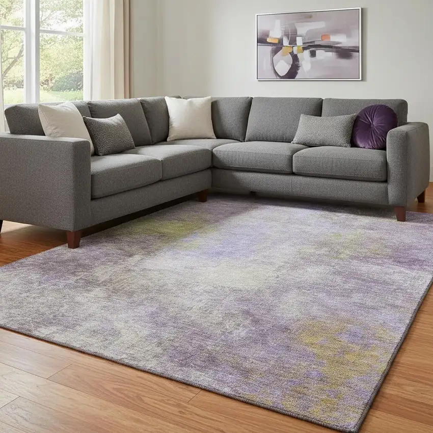 Purple And Green Abstract Washable Area Rug With UV Protection Photo 2