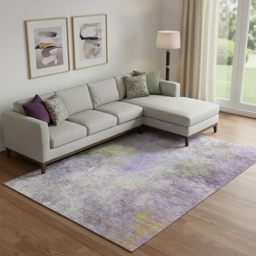 Purple And Green Abstract Washable Area Rug With UV Protection Photo 2