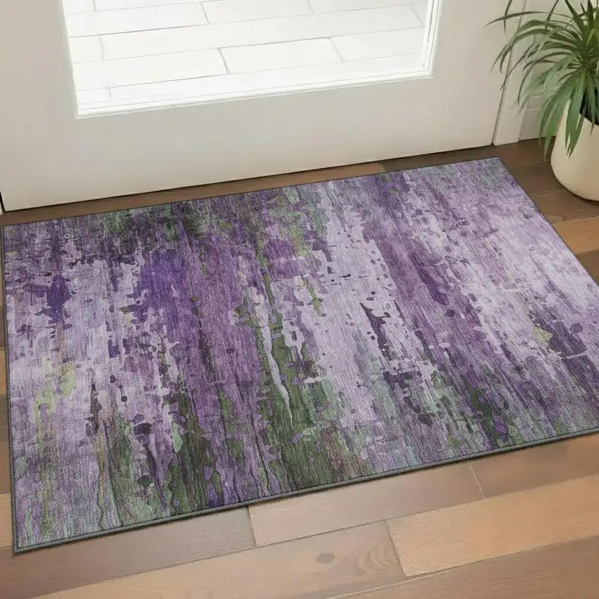 Purple And Green Abstract Washable Area Rug With UV Protection Photo 2