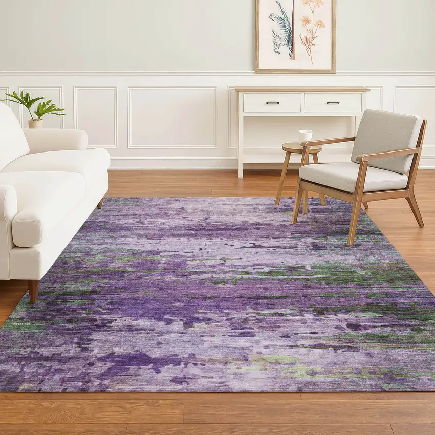 Purple And Green Abstract Washable Area Rug With UV Protection Photo 6
