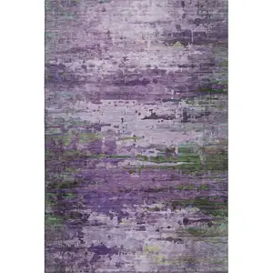 Photo of Purple And Green Abstract Washable Area Rug With UV Protection