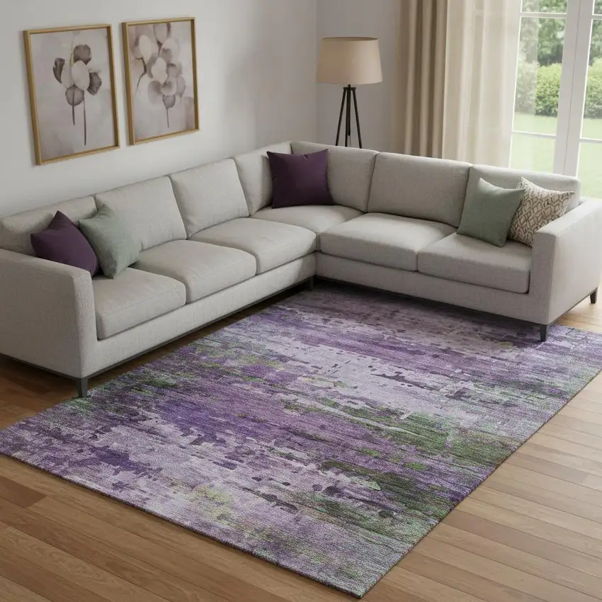 Purple And Green Abstract Washable Area Rug With UV Protection Photo 1