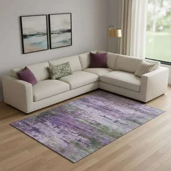 Purple And Green Abstract Washable Area Rug With UV Protection Photo 2