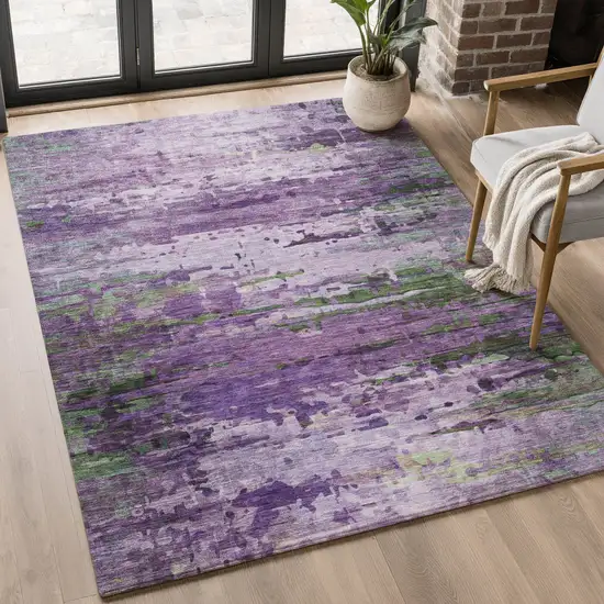 Purple And Green Abstract Washable Area Rug With UV Protection Photo 5