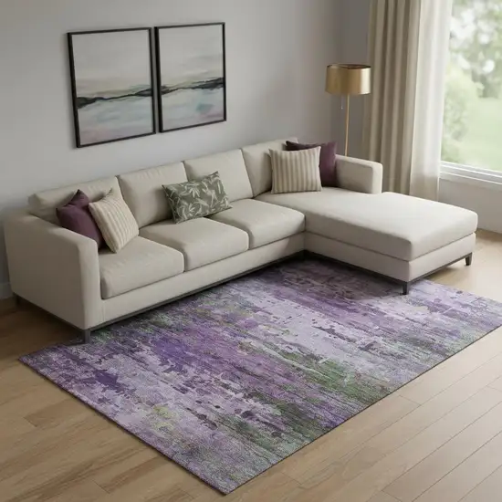 Purple And Green Abstract Washable Area Rug With UV Protection Photo 2