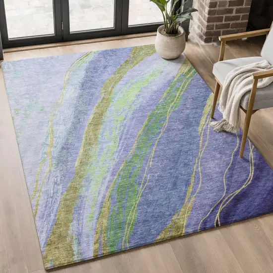 Purple And Green Abstract Washable Area Rug With UV Protection Photo 4