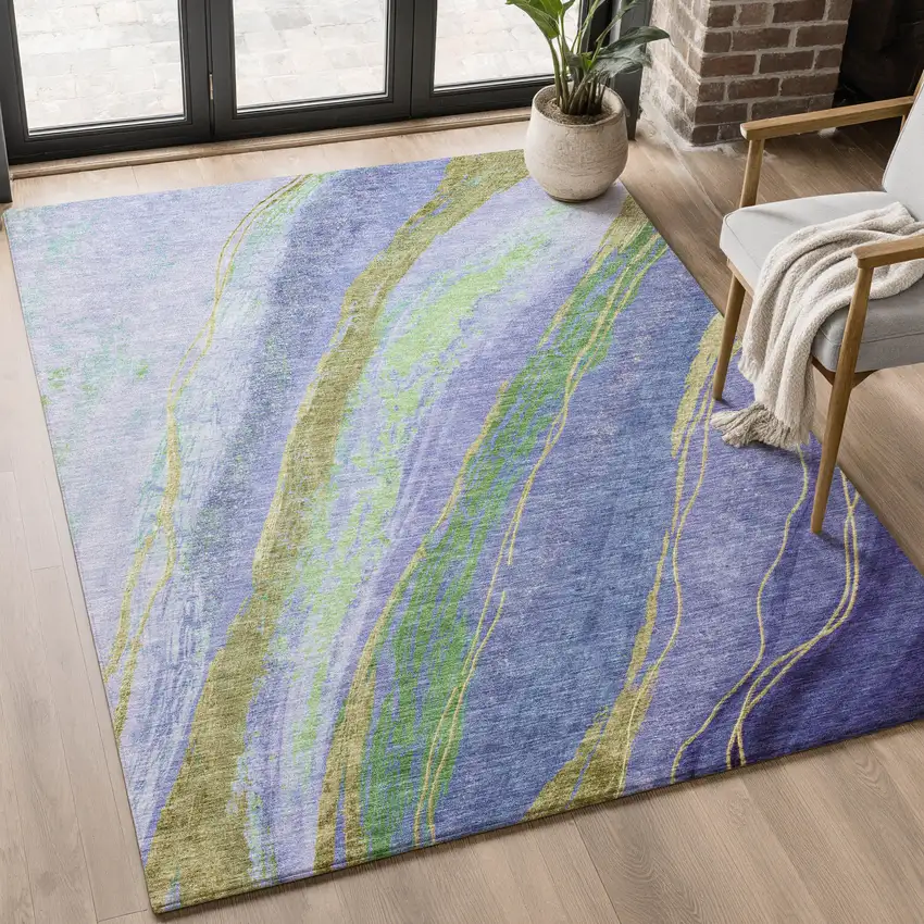 Purple And Green Abstract Washable Area Rug With UV Protection Photo 4