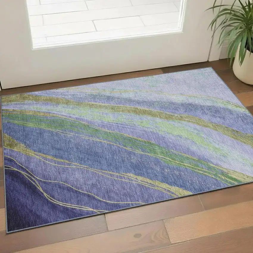 Purple And Green Abstract Washable Area Rug With UV Protection Photo 2