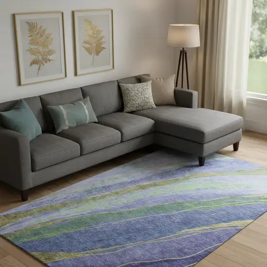 Purple And Green Abstract Washable Area Rug With UV Protection Photo 2