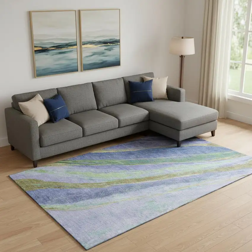 Purple And Green Abstract Washable Area Rug With UV Protection Photo 2