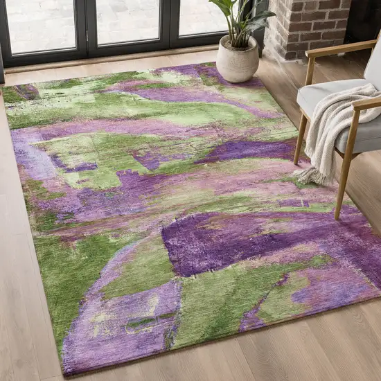 Purple And Green Abstract Washable Area Rug With UV Protection Photo 5
