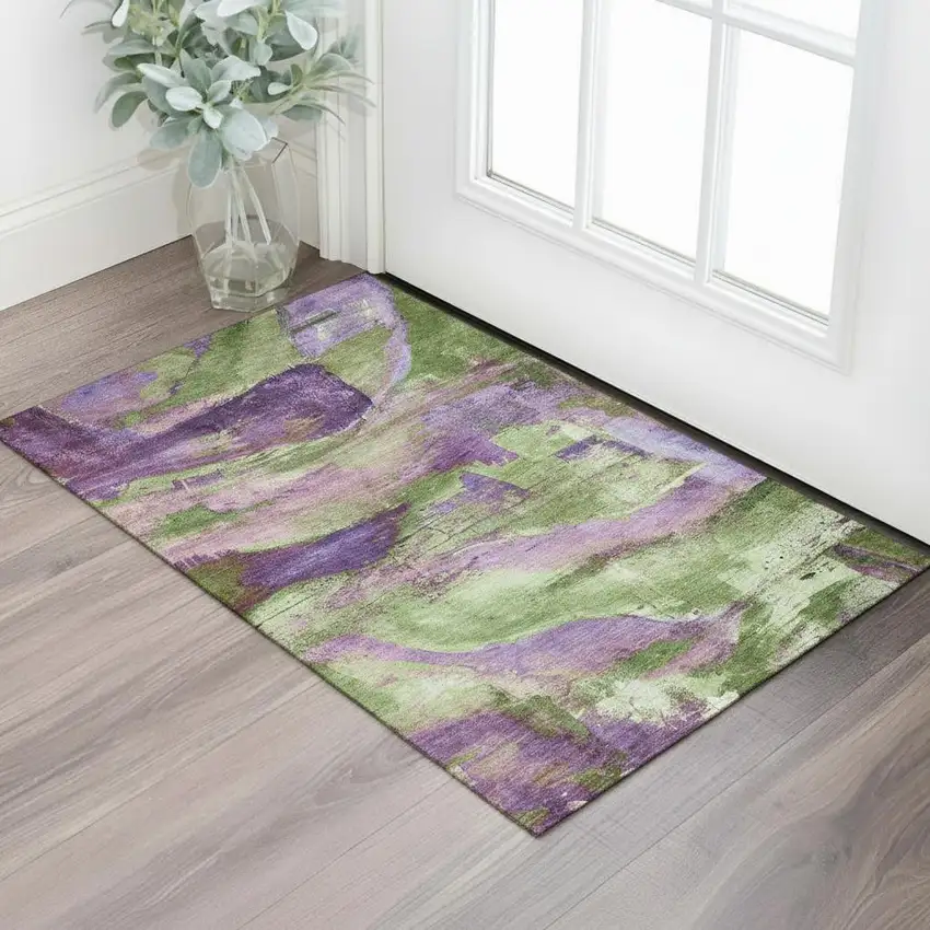 Purple And Green Abstract Washable Area Rug With UV Protection Photo 2