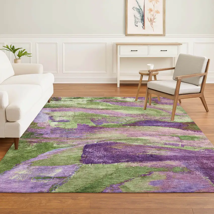 Purple And Green Abstract Washable Area Rug With UV Protection Photo 6