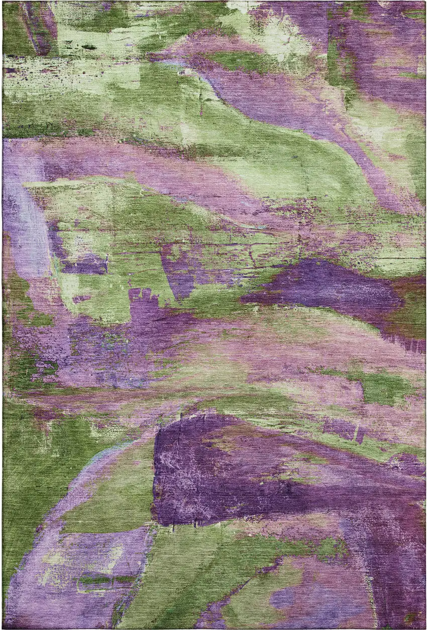 Purple And Green Abstract Washable Area Rug With UV Protection Photo 1