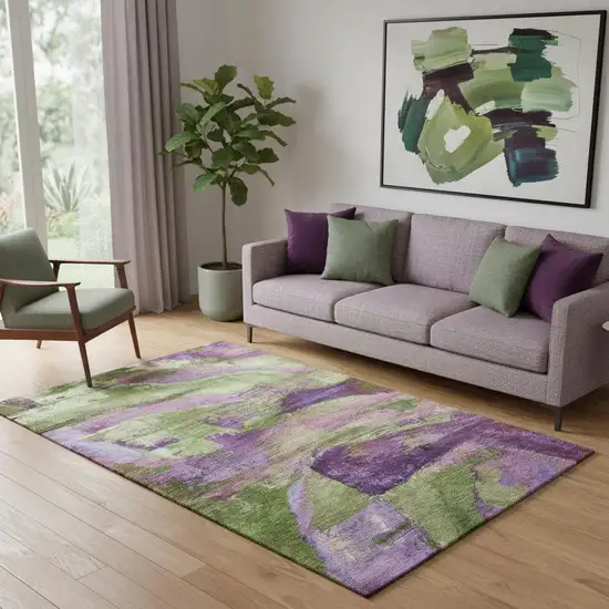 Purple And Green Abstract Washable Area Rug With UV Protection Photo 2