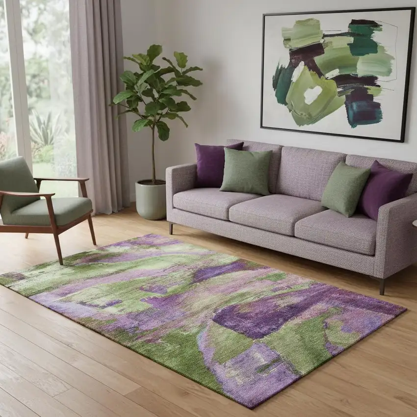 Purple And Green Abstract Washable Area Rug With UV Protection Photo 2