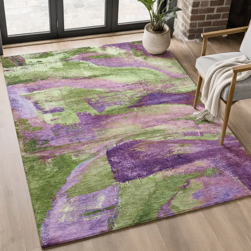 Purple And Green Abstract Washable Area Rug With UV Protection Photo 5
