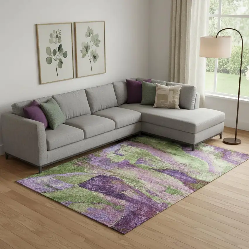 Purple And Green Abstract Washable Area Rug With UV Protection Photo 2