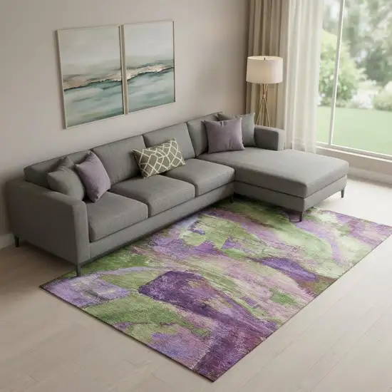Purple And Green Abstract Washable Area Rug With UV Protection Photo 2